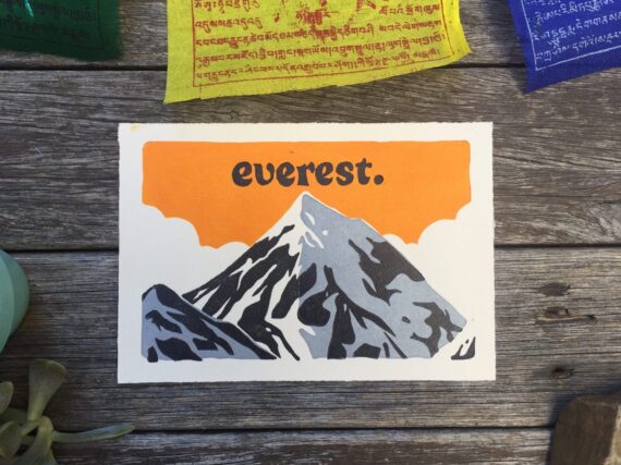 Mount Everest hand printed linocut postcard
